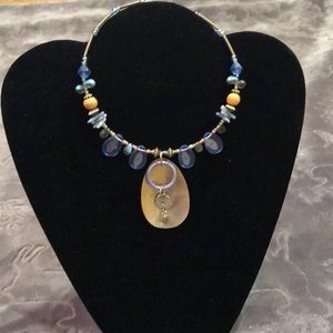 New blue bead, shell and wood choker